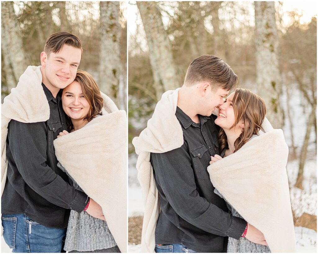 winter engagement session photos under a blanket