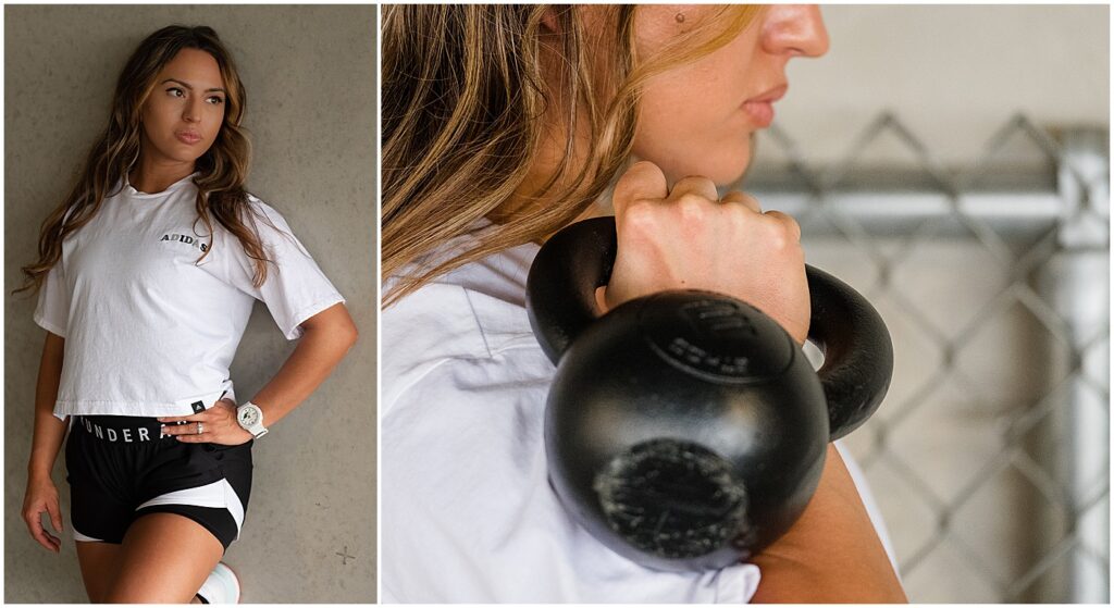 close up of Yvonne holding kettlebell