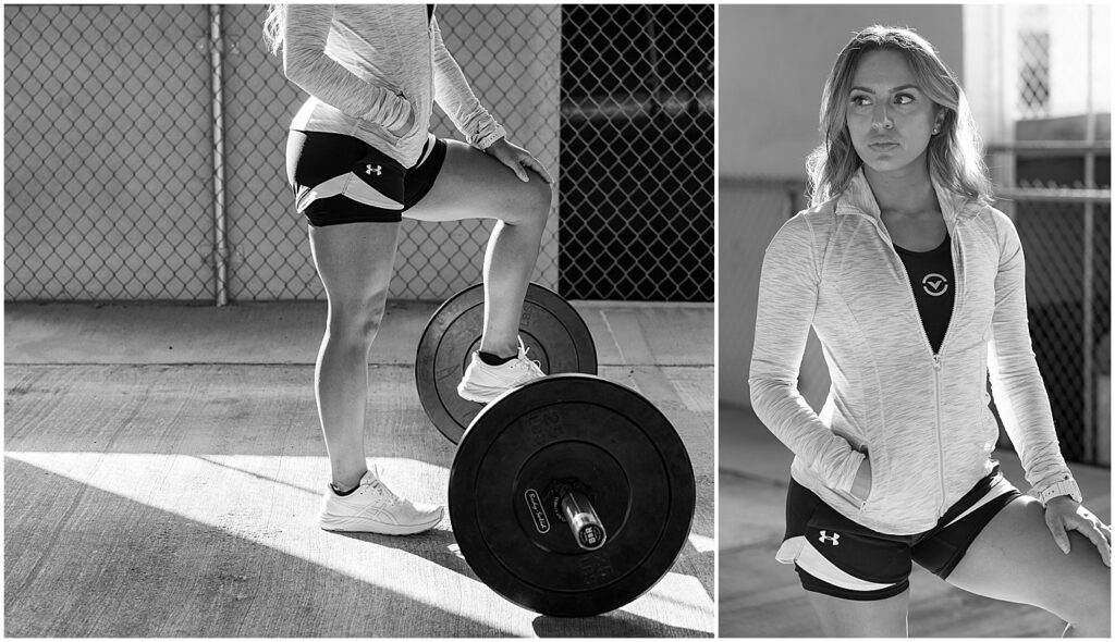 black and white image of fitness coach with her foot on a barbell