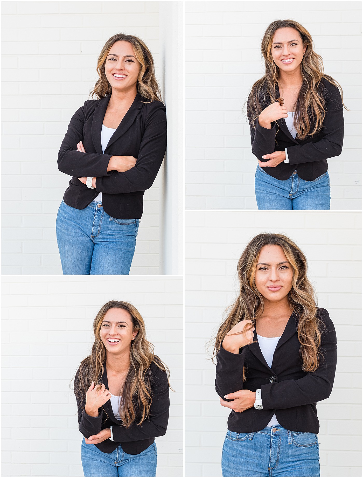 Yvonne in jeans and black jacket crossing her arms and smiling playfully