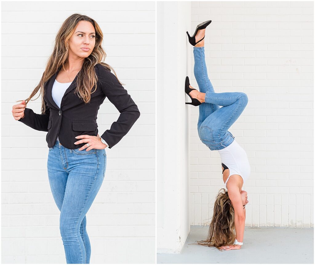 fitness coach doing a handstand in jeans and heels