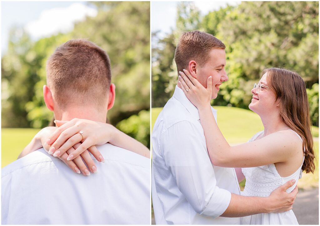 newly engaged couple looking at each other during their outdoorsy engagement session