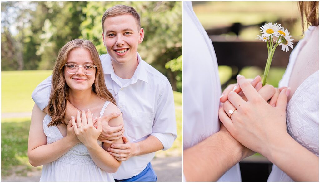 man embracing a woman around her shoulders from behind and both of them smiling