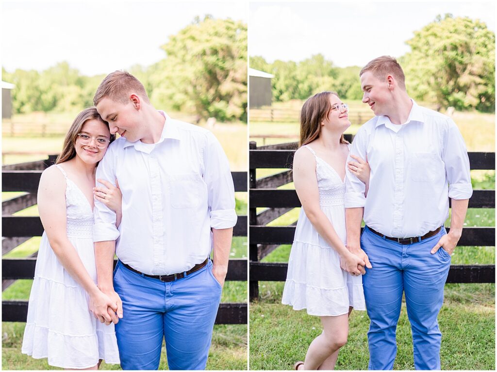 man smiling at his fiancee at Barren River Lake