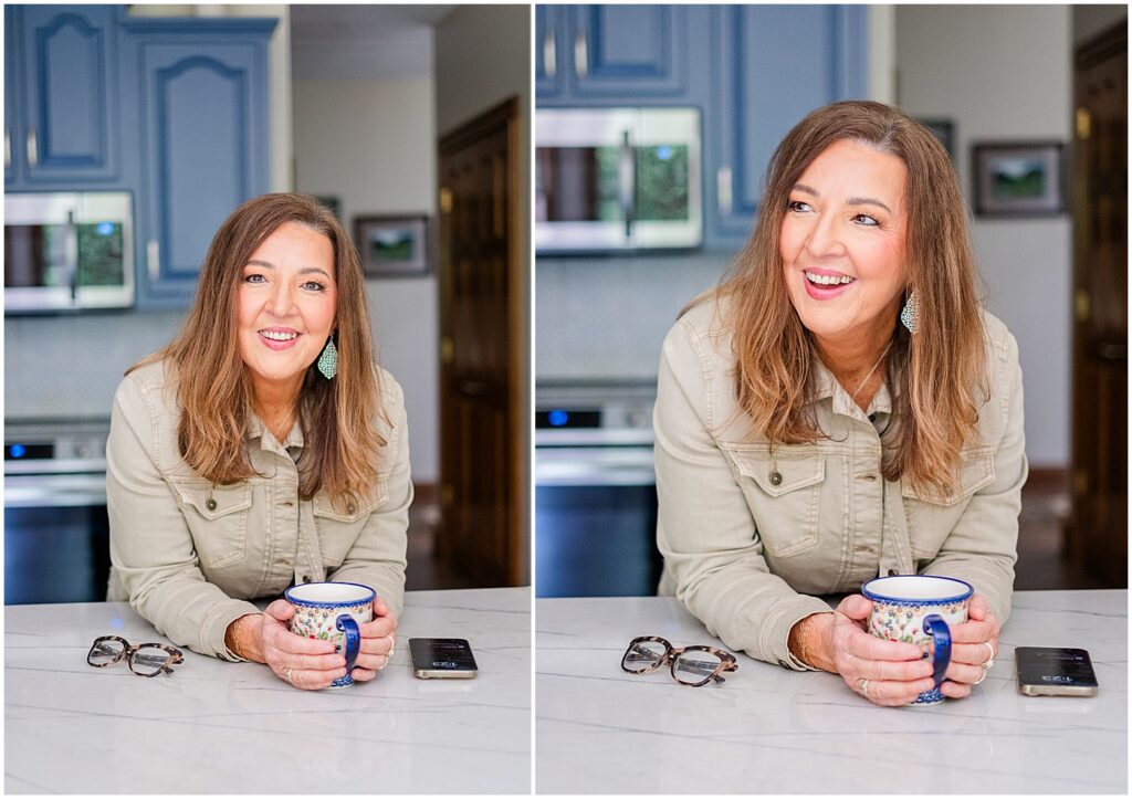 Glasgow real estate agent with a cup of coffee in a blue kitchen