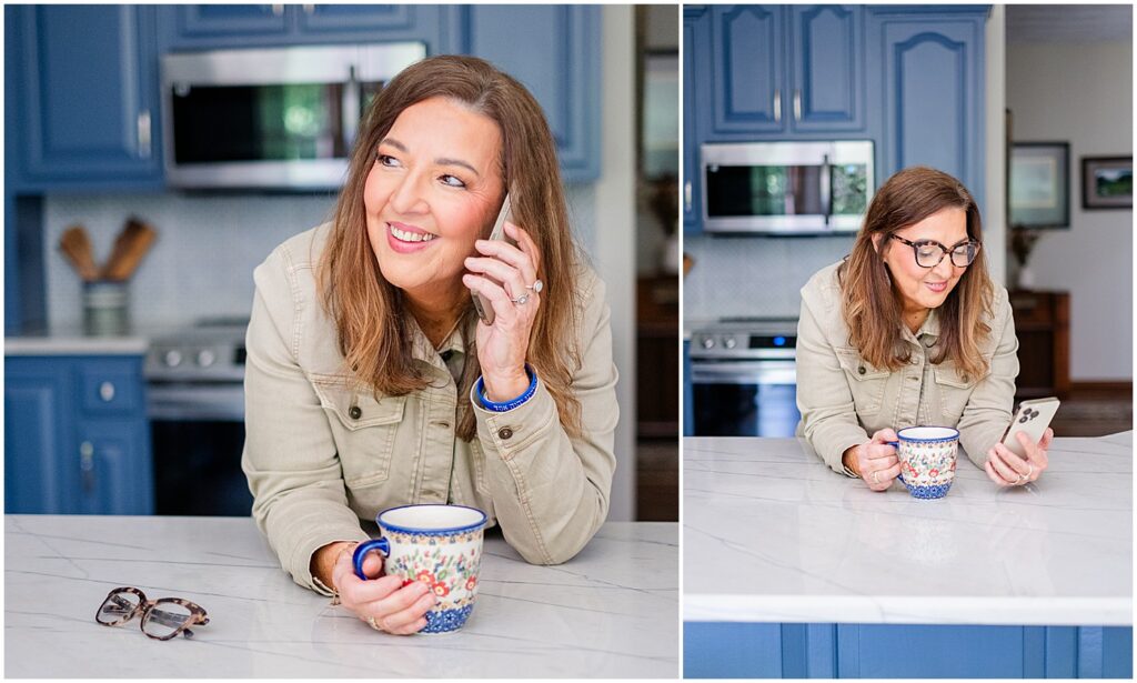 real estate agent on the phone in the kitchen