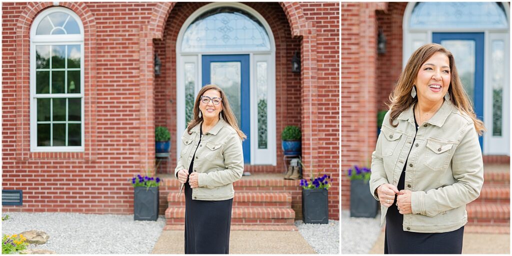 real estate agent standing outside brick house