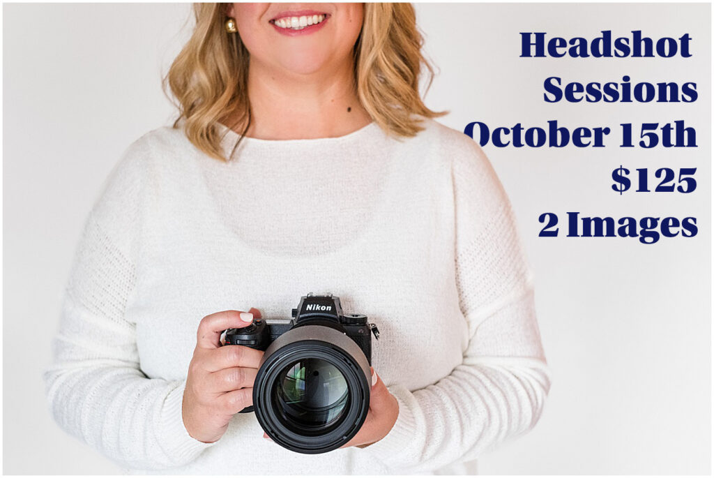 closeup of photographer with camera with headshot session info written on the photo