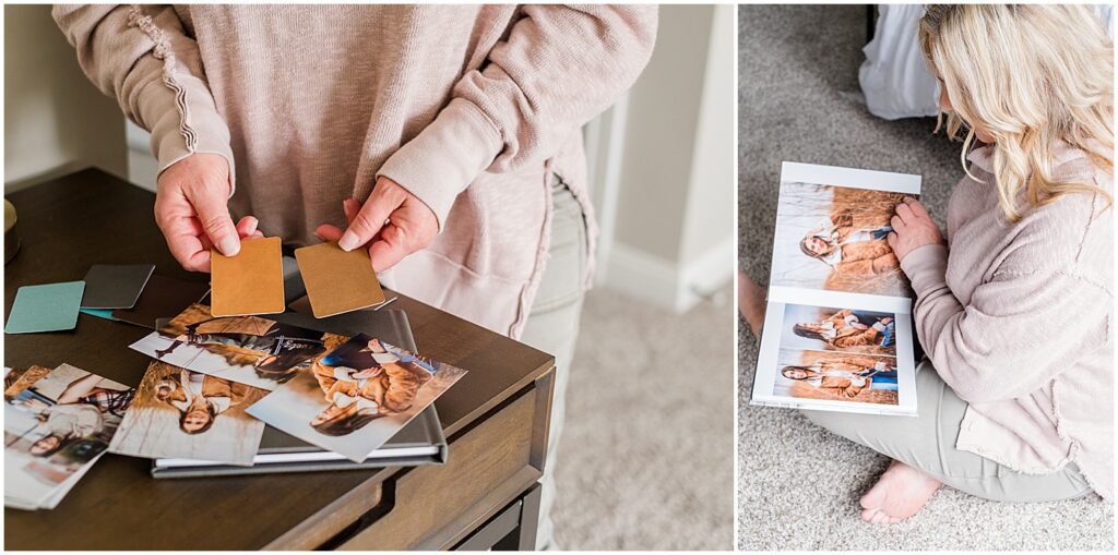 photographer looking at swatches to choose album cover