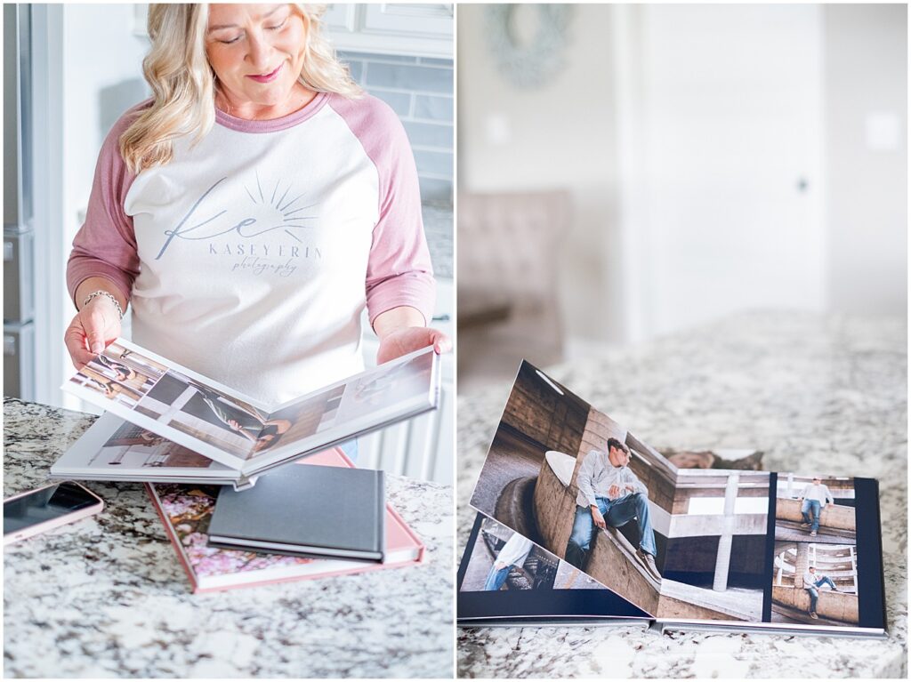 Bowling Green senior photographer looking through album on her photography branding session