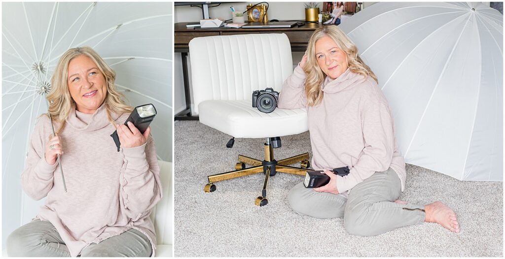 photographer holding her flash during photography branding session