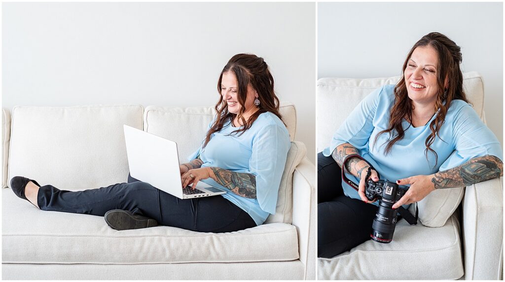 photographer looking at camera and laptop