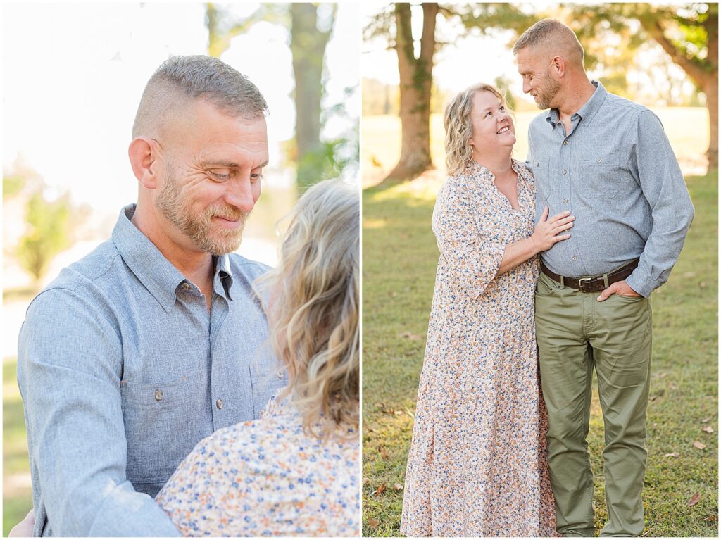 mom and dad staring at each other in a park in Bowling Green