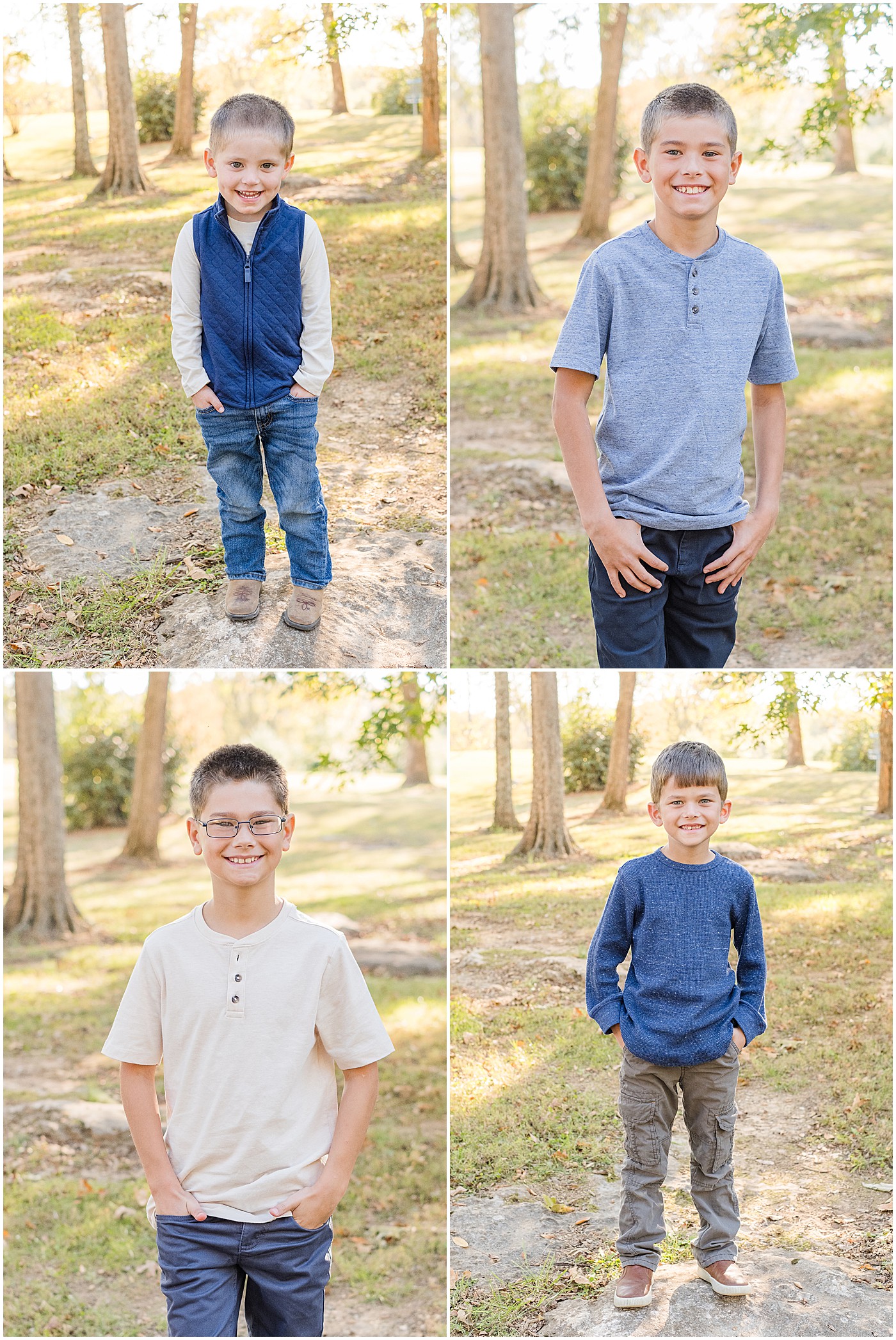 individual photos of four boys standing with hands in pockets