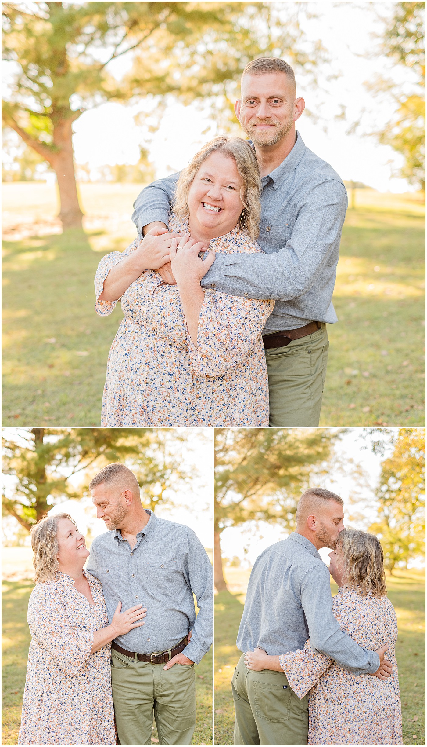 husband with arms around his wife and smiling at the camera