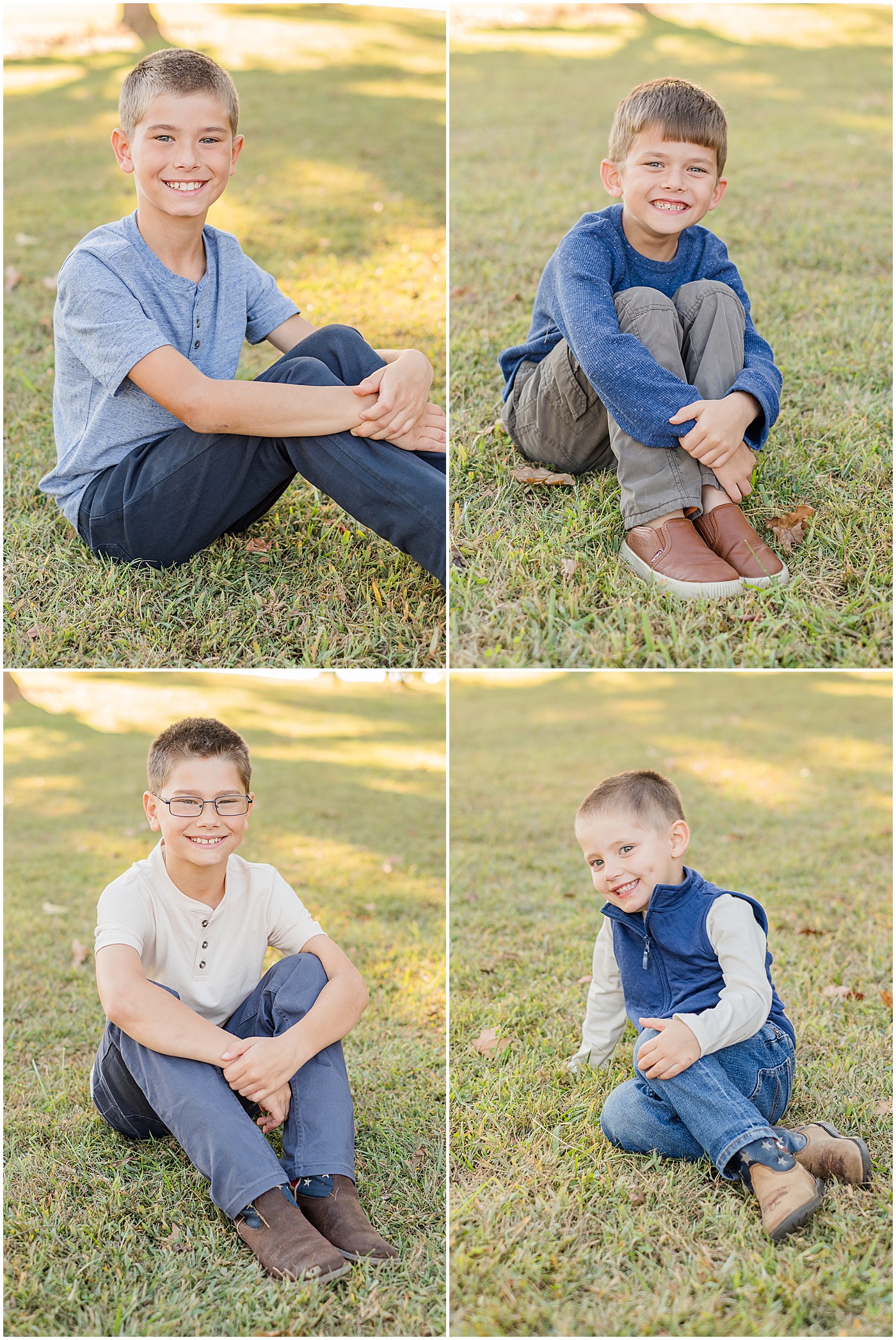 four boys individual portraits sitting in the grass