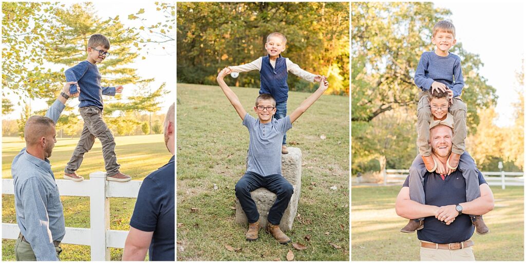 kids having fun in their Bowling Green family portraits, one walking on a fence and another making a human totem pole