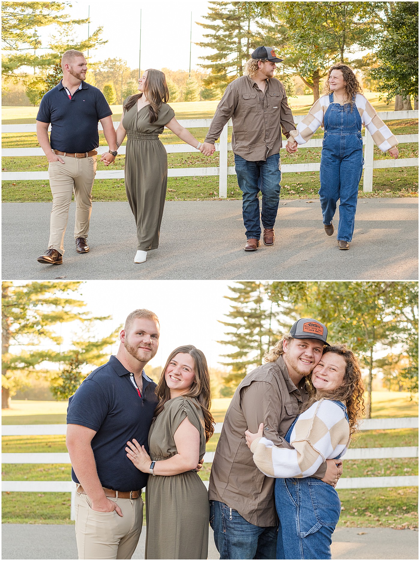 two adult sons and their wives walking and cuddling