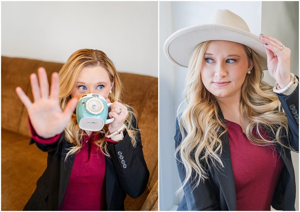 photographer posing with hat and mug in her branding photos