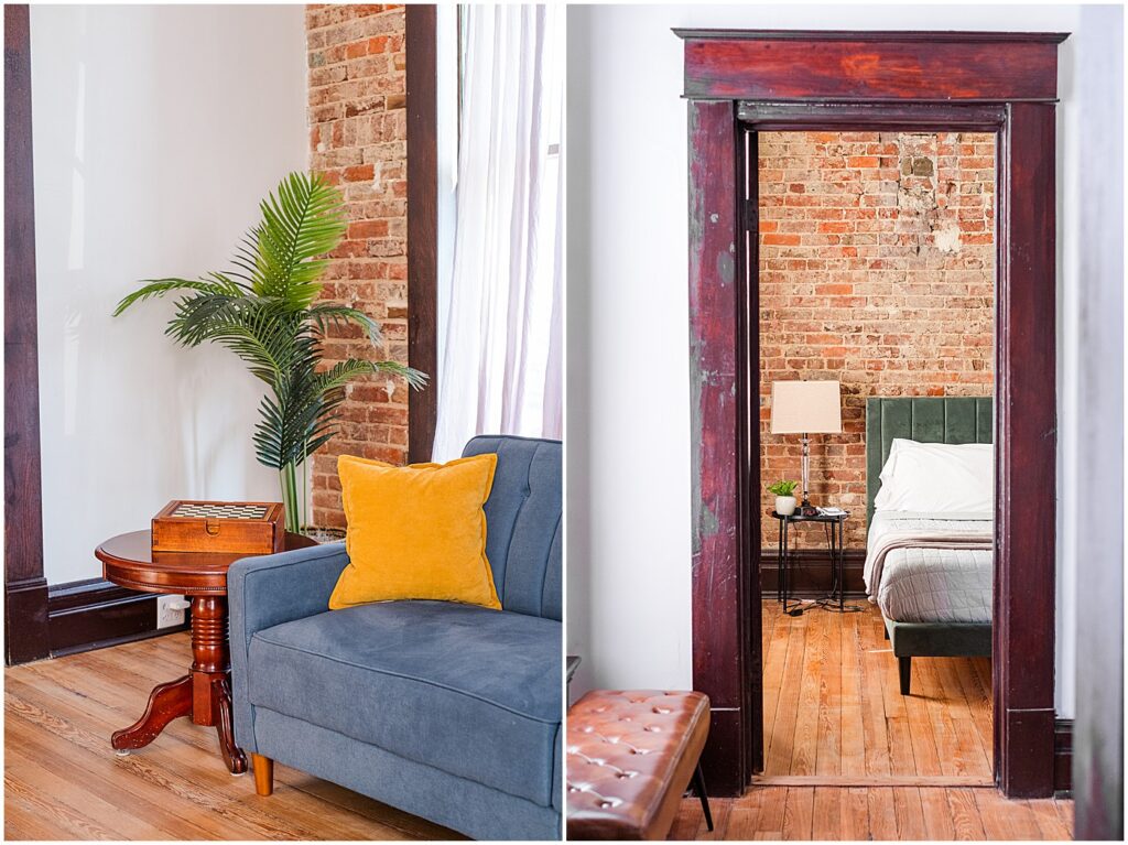 apartment 1 park city with exposed brick and colorful couch