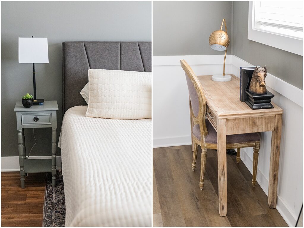 grey bedroom and desk in Bowling Green Highland House