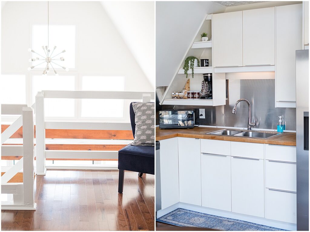 loft and kitchen in a white a-frame short term rental we use for brand sessions