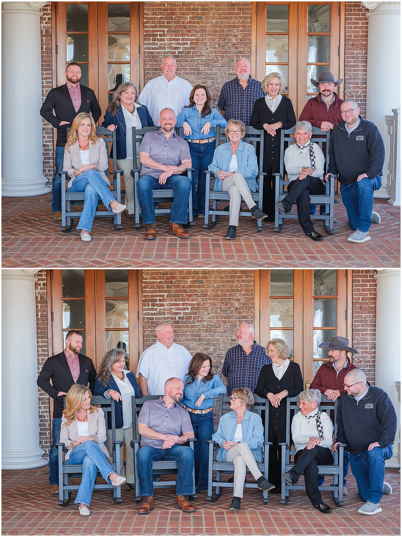 realtor branding images of the twelve members of their team against a brick wall, some seated in rocking chairs
