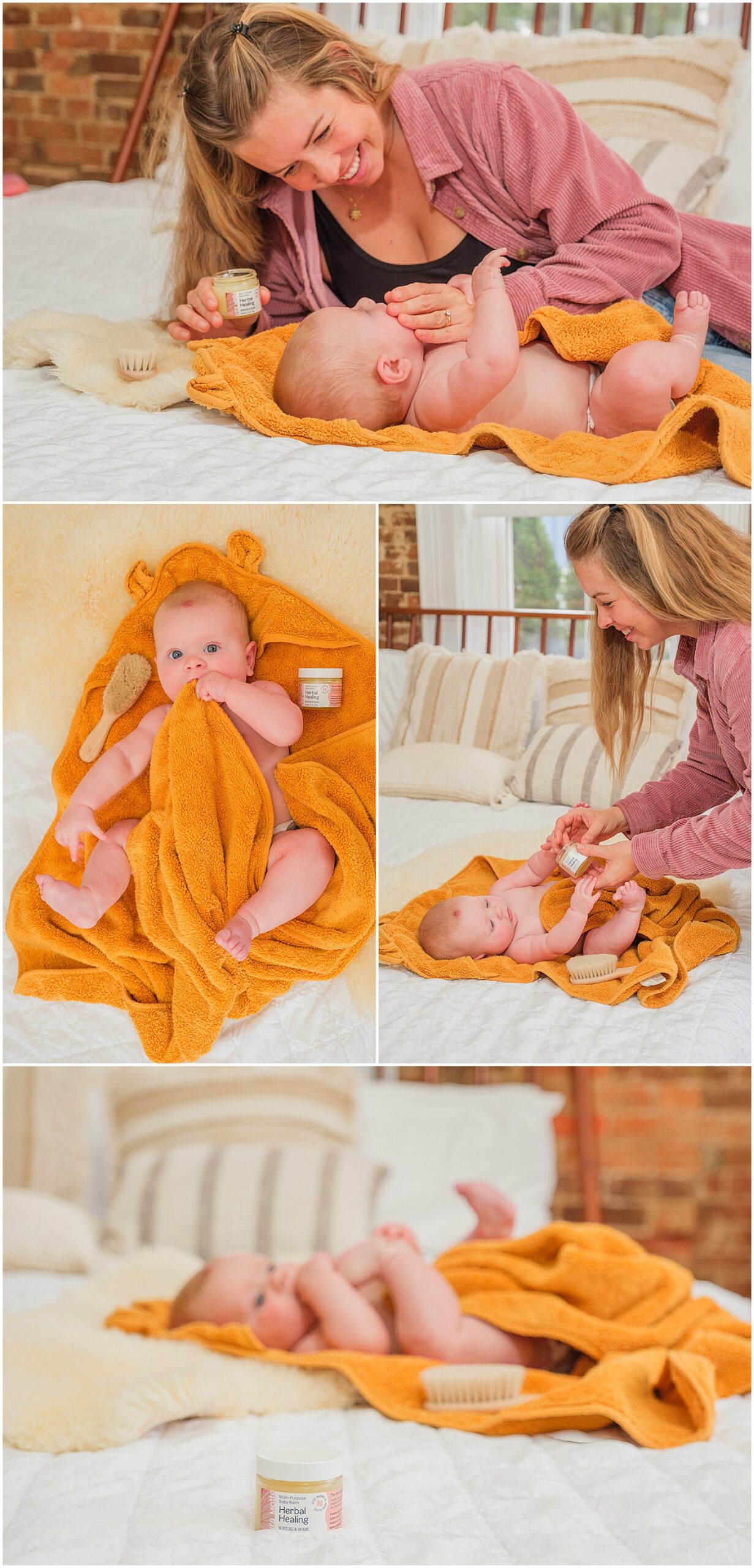 mother applying baby balm from skin care brand