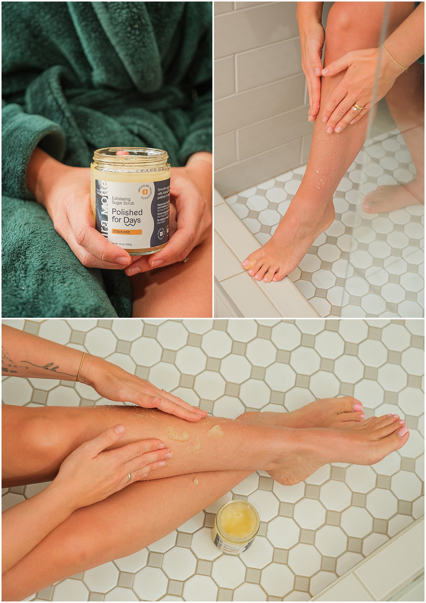 sugar scrub being applied to legs in a shower