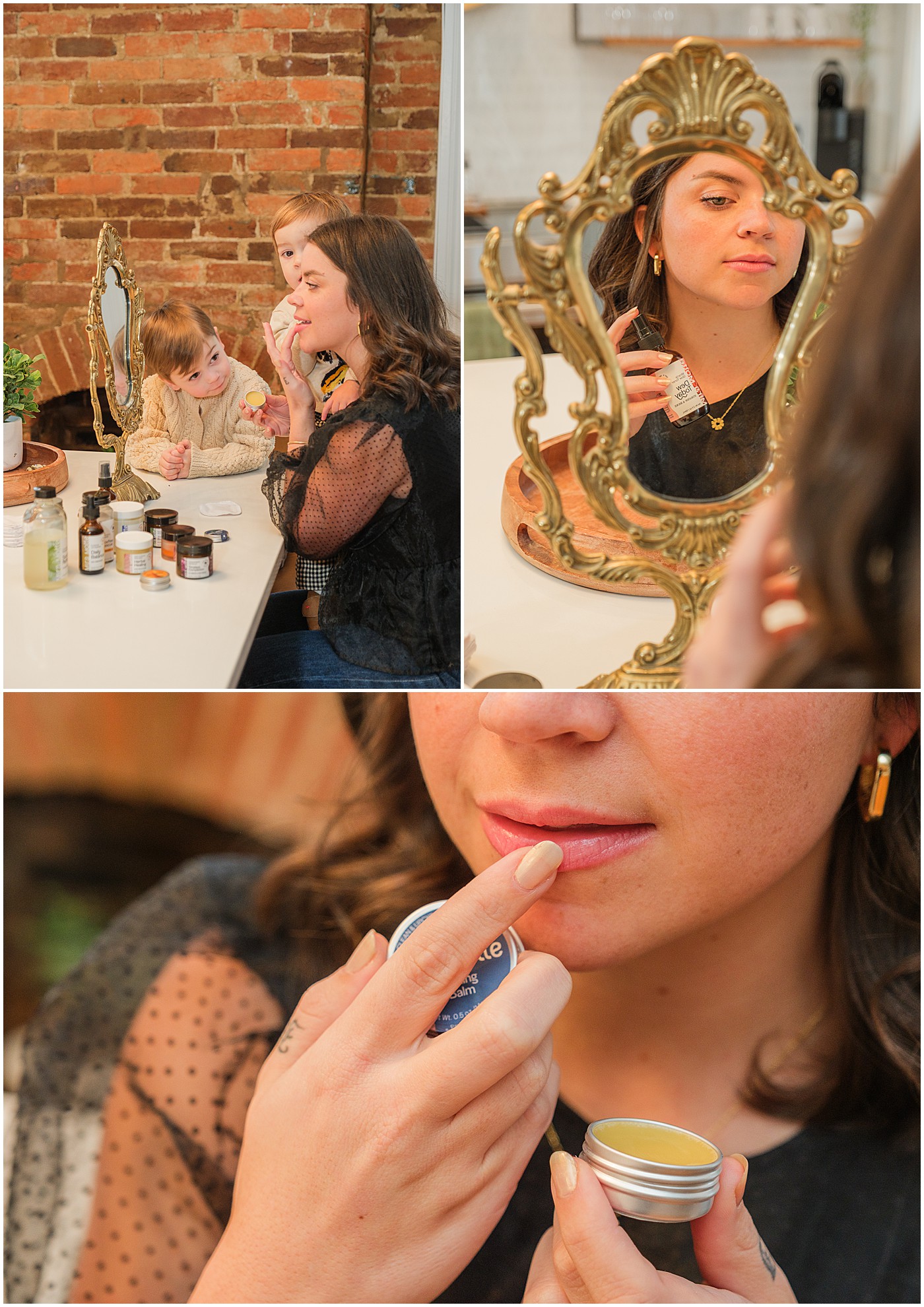 young mom applying skin care products while kids sit on her lap