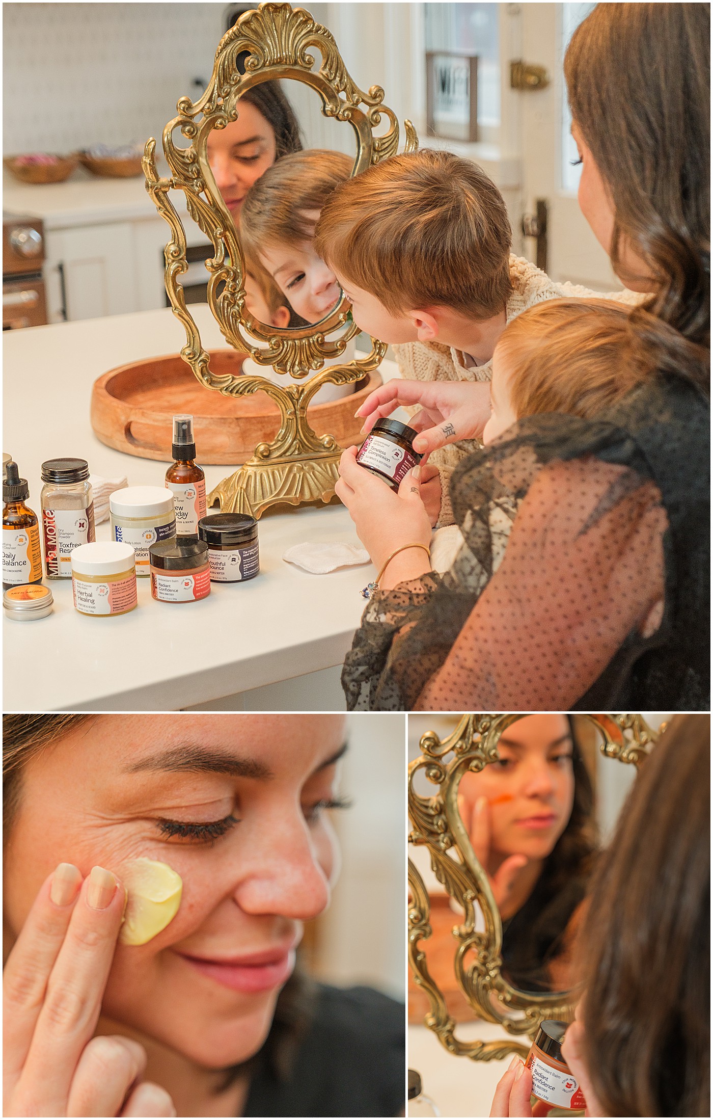 little boy looks in mirror while mom holds skin care brand products