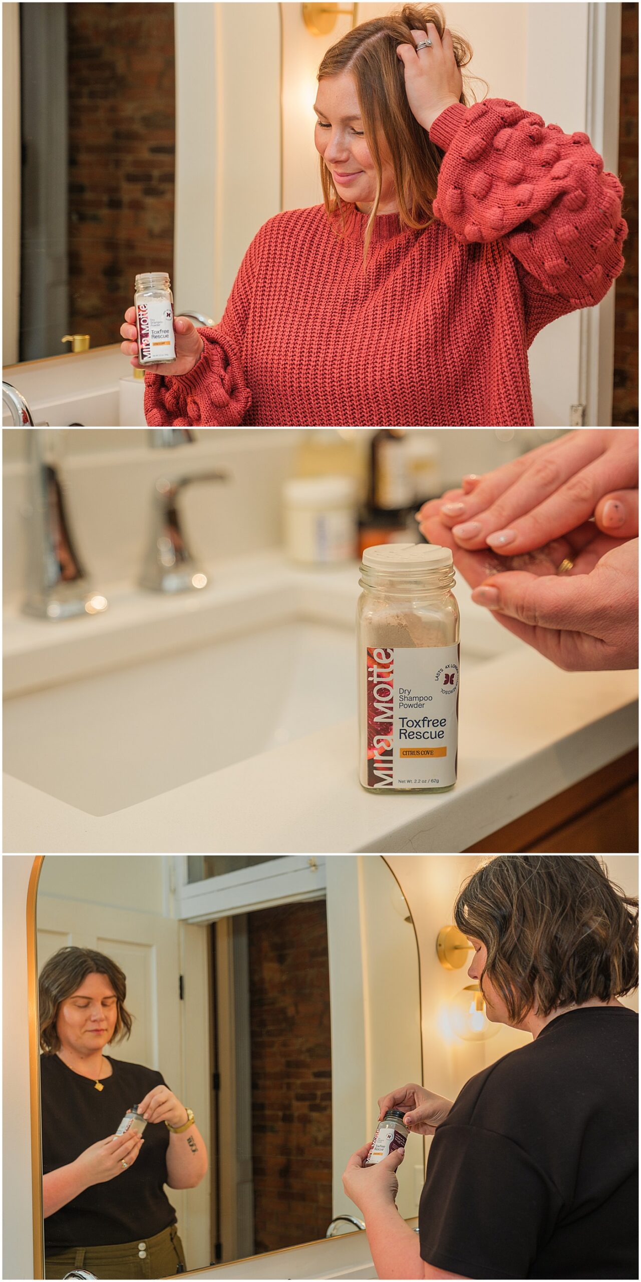 two different women using dry shampoo