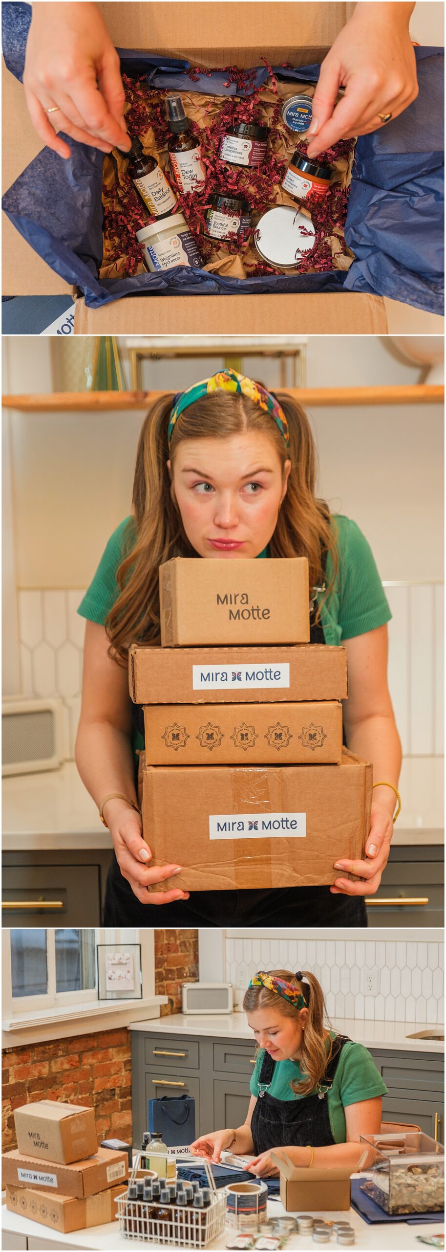 skin care brand owner labeling and packaging products for shipment