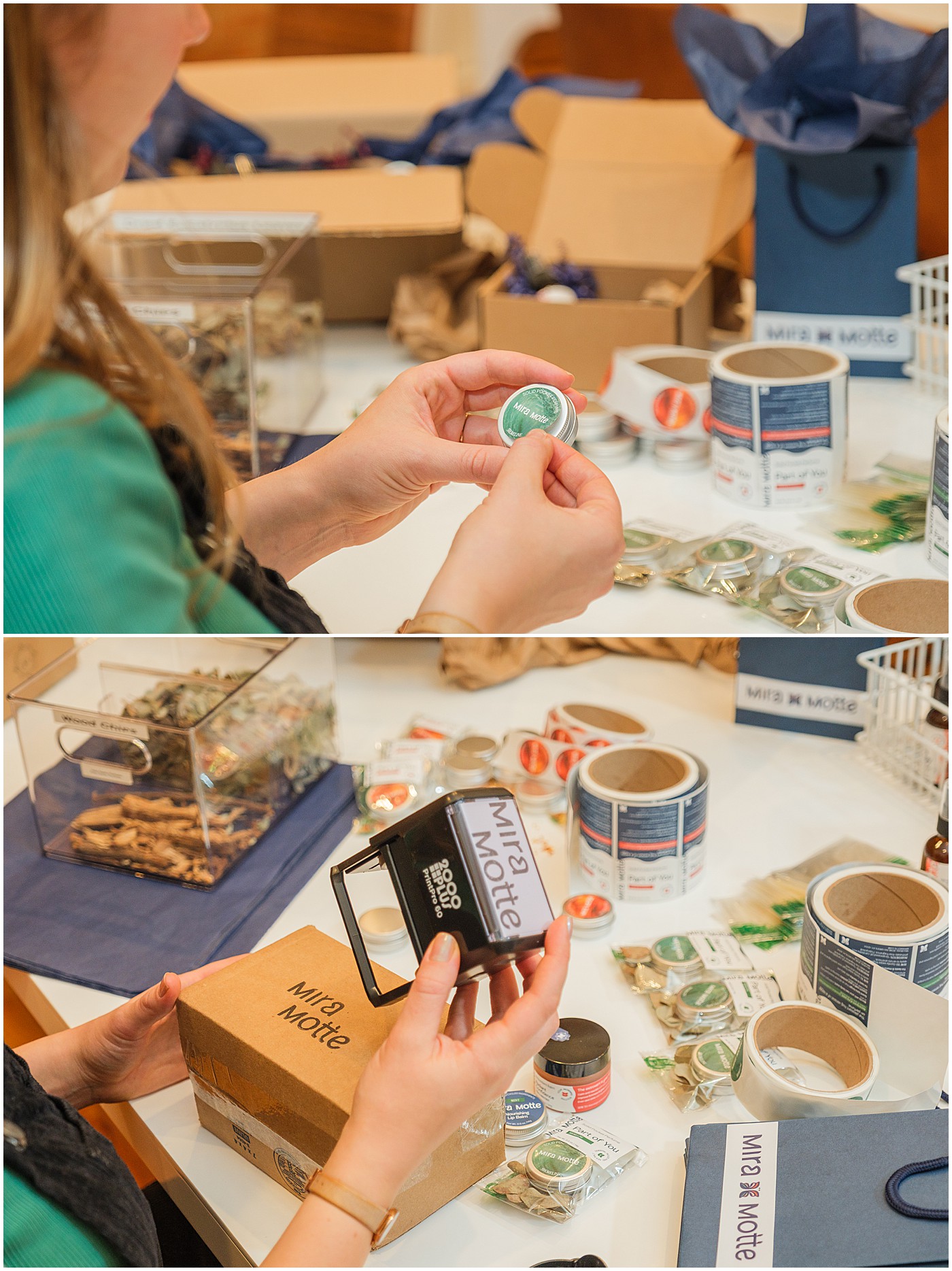 woman applying labels to her skin care products before shipping