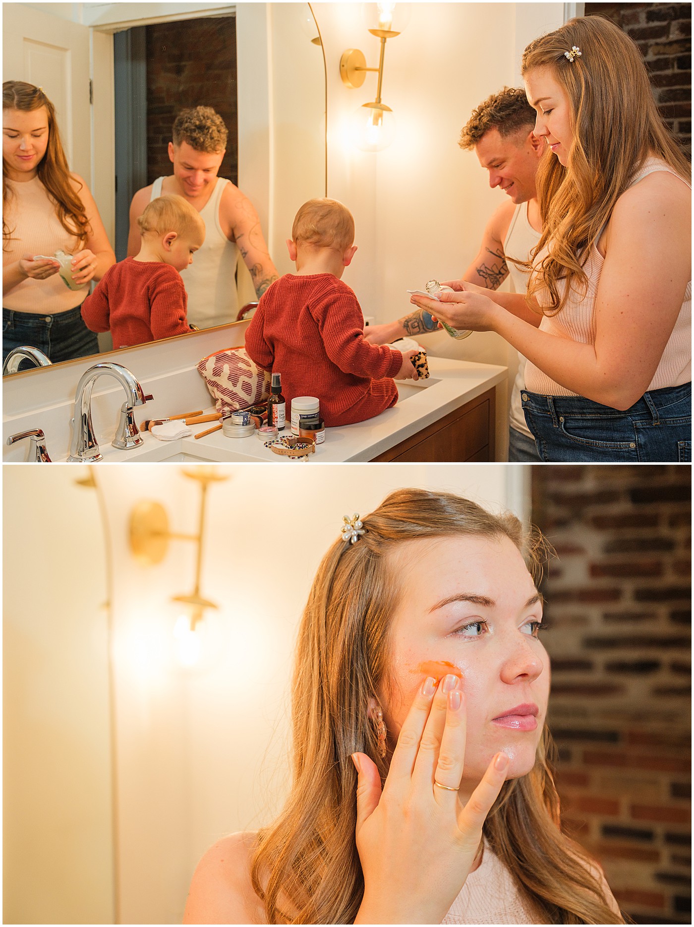 young mom doing her morning skin care routine with her husband and baby at the bathroom sink