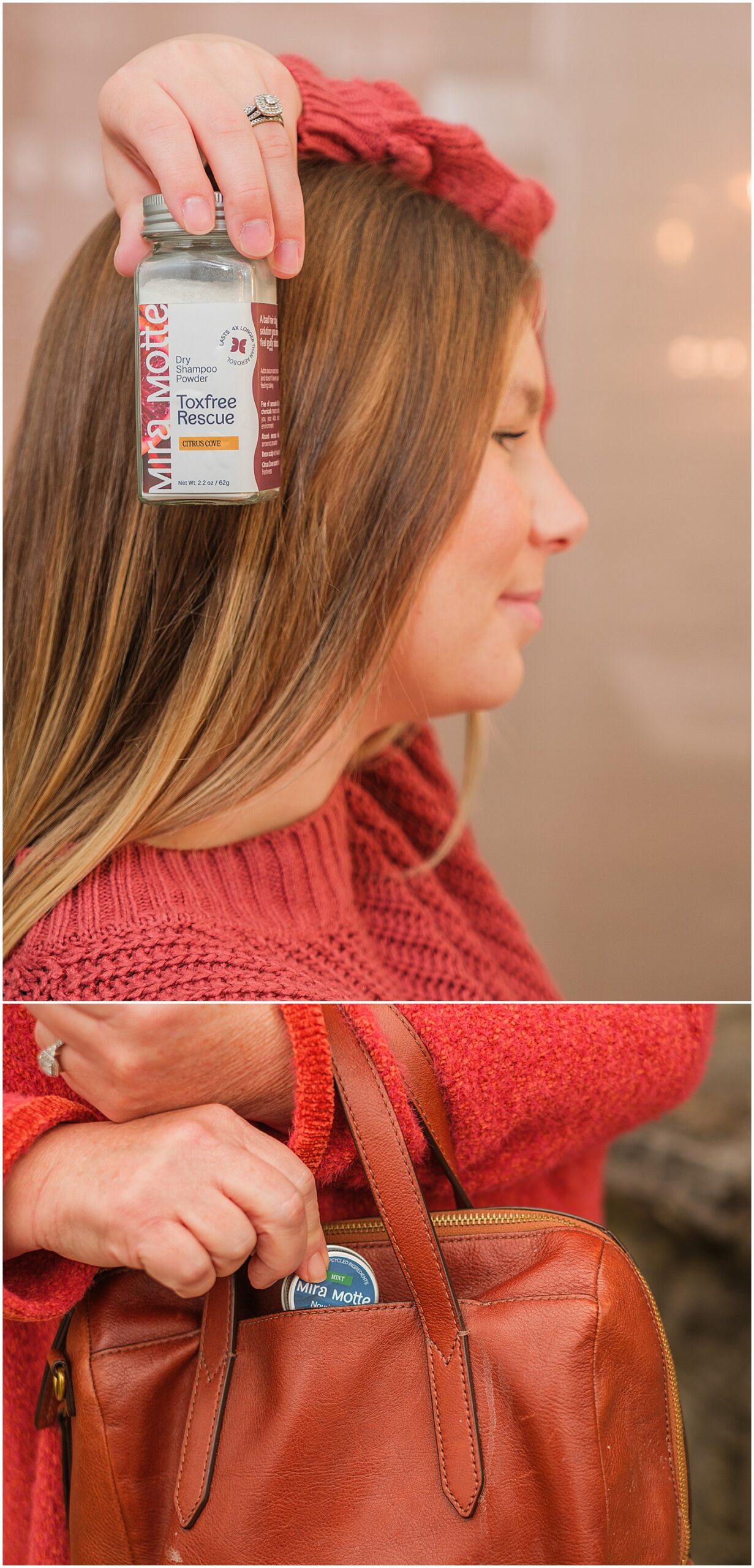 dry shampoo and lip balm being displayed by two models