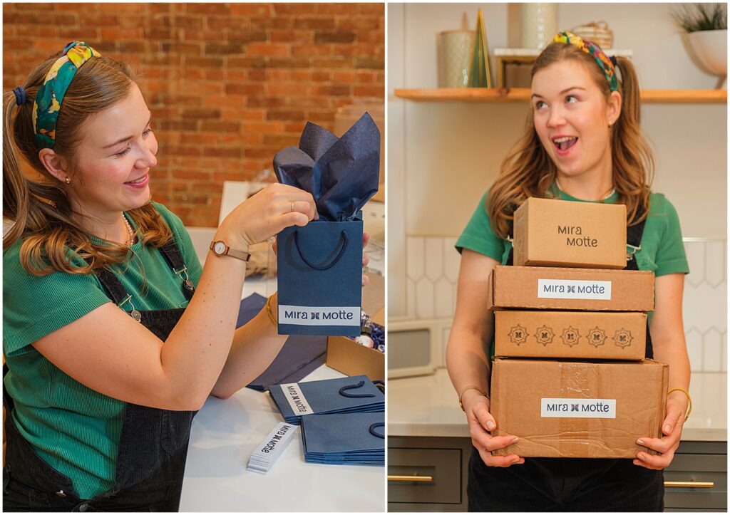 skin care brand owner smiling as she packages and gets ready to ship her products