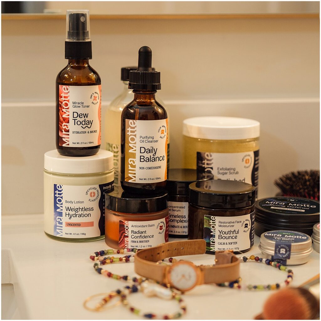 skincare lineup on bathroom sink