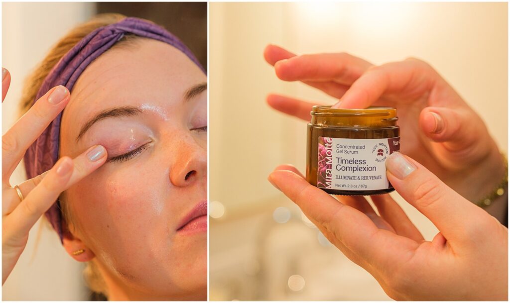 mom applying gel serum to her face during skin care brand session