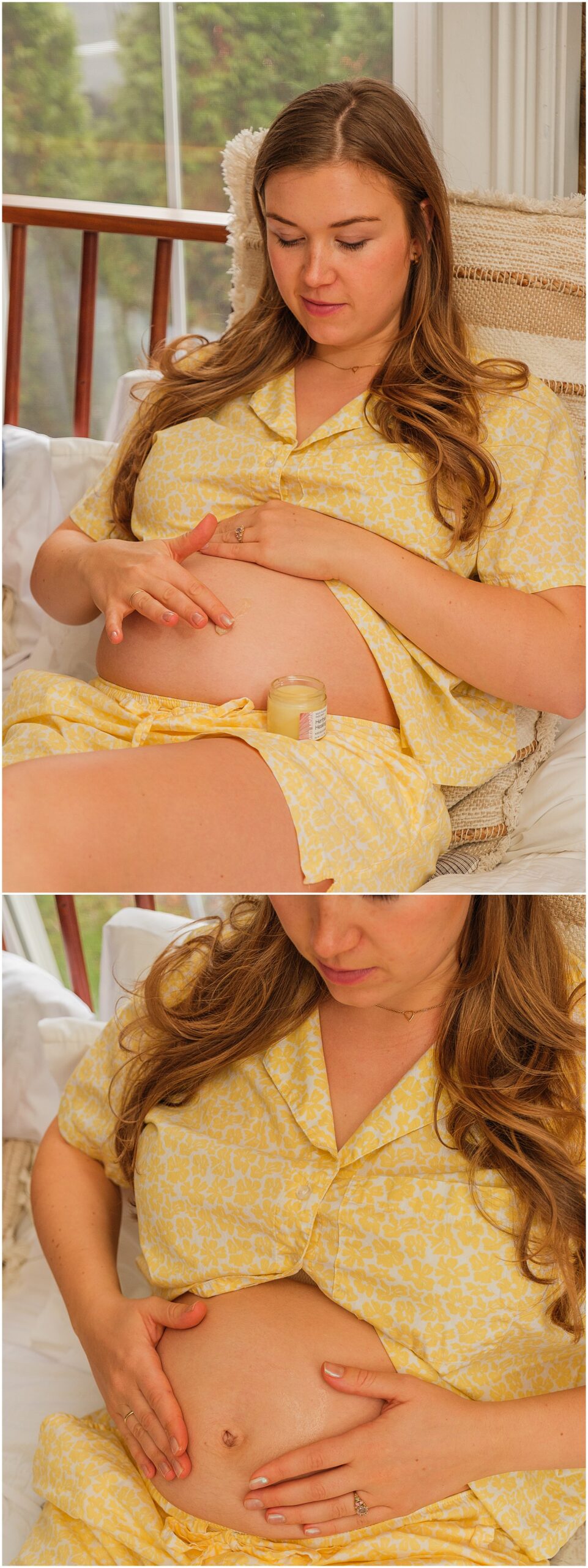 pregnant mom applying baby balm to her belly