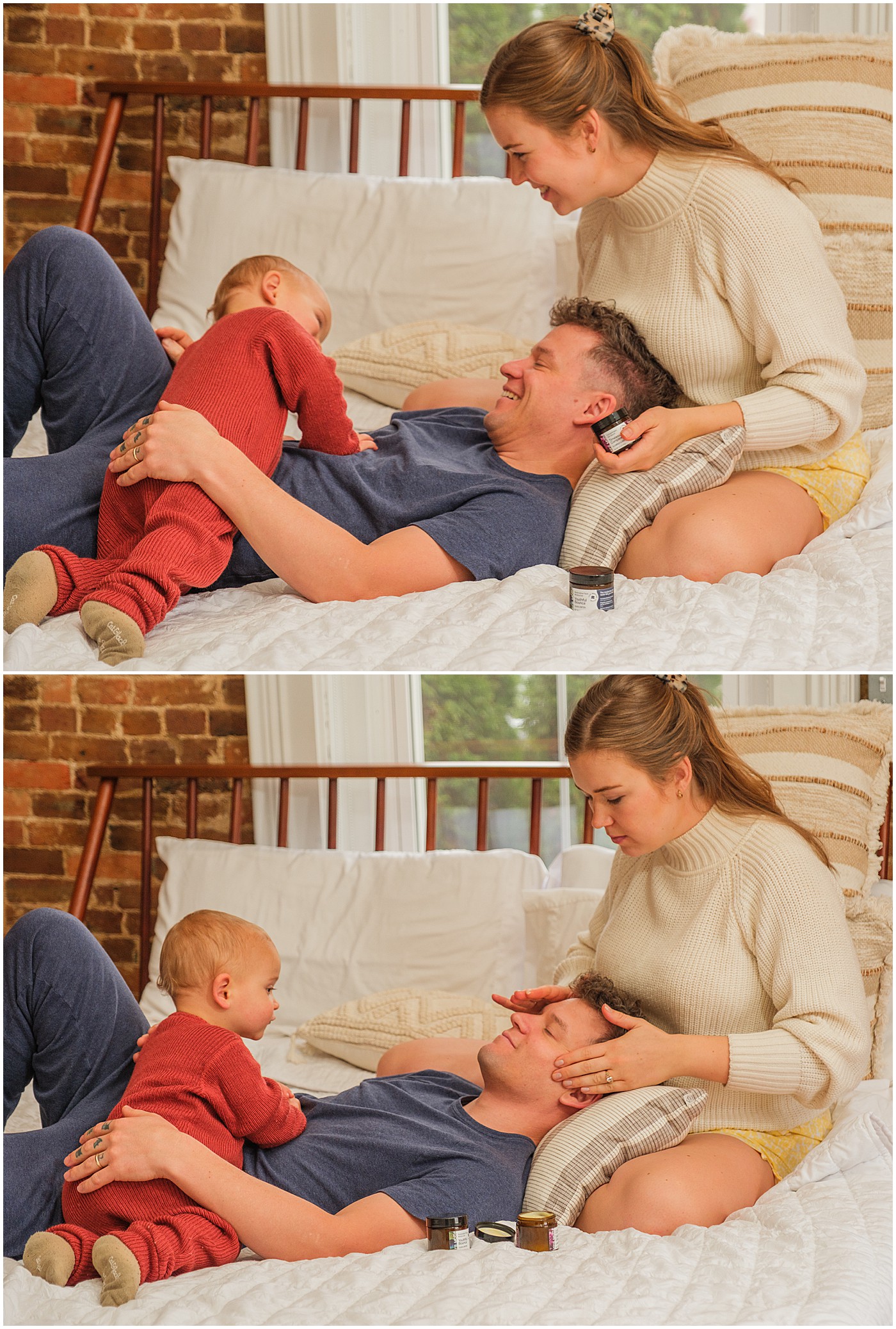 young family in bed while mom applies skincare to her husband