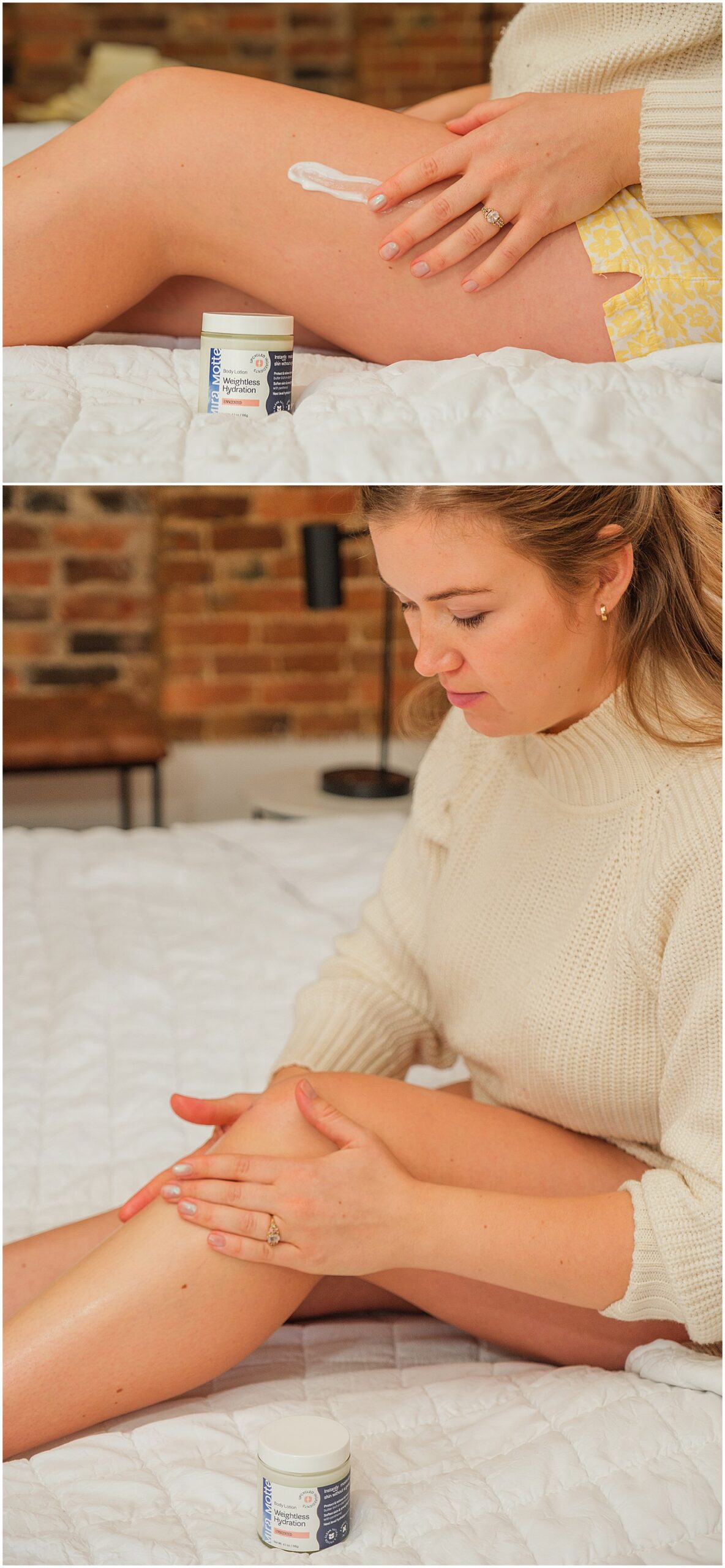 woman on a bed applying lotion to her legs 
