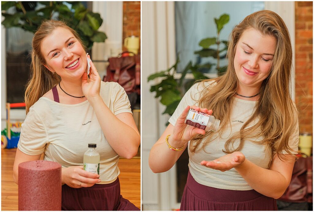 woman applying micellar water product and dry shampoo after workout