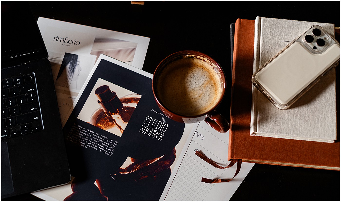 strong shadows across coffee cup and marketing materials