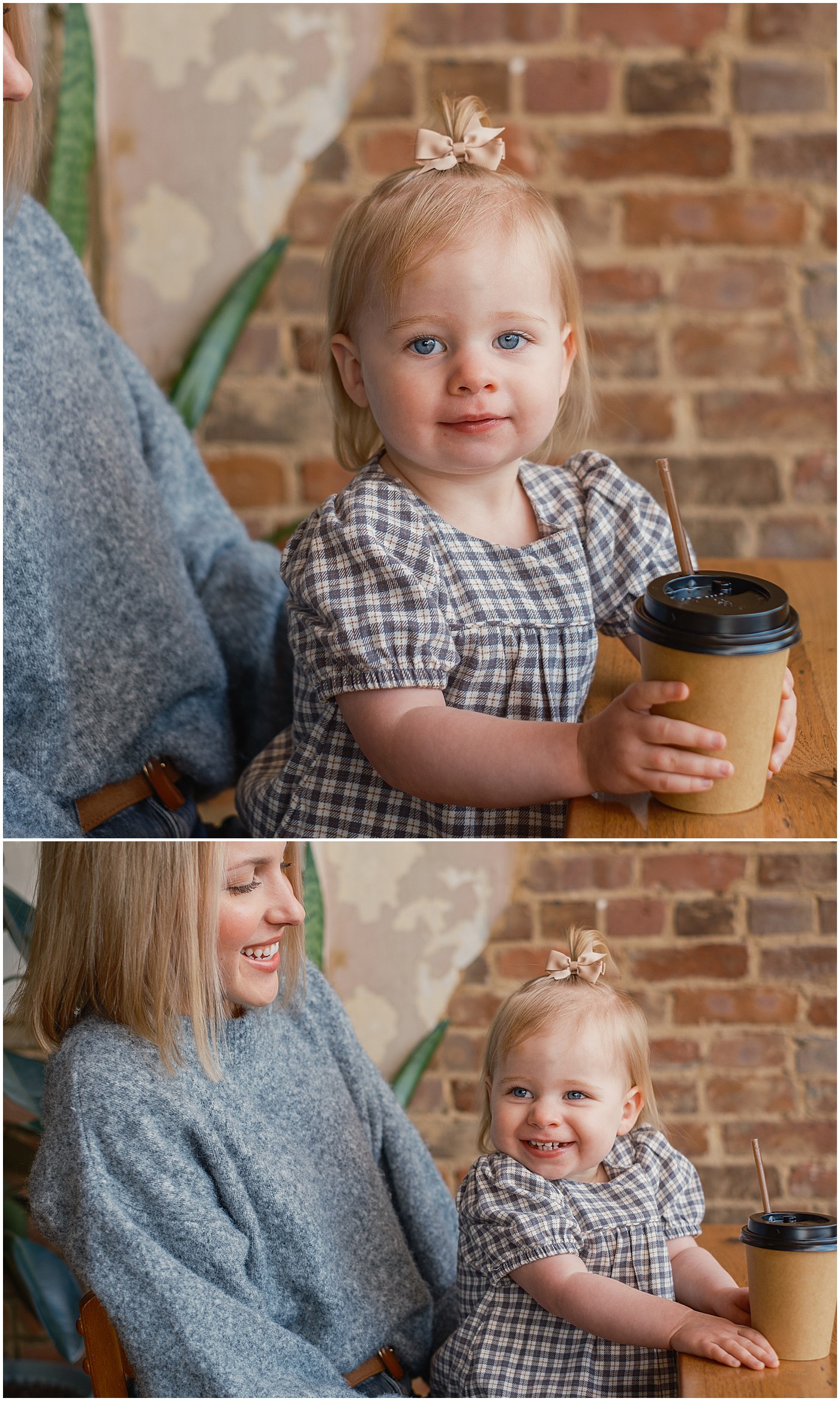 little girl with coffee cup sitting on mom's lap