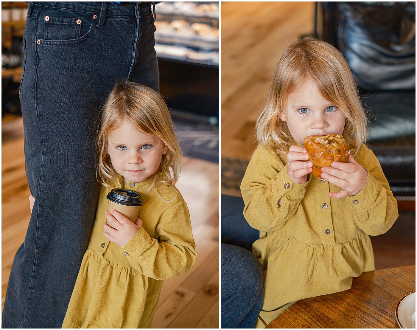 little girl drinking chocolate milk while holding mommy's leg