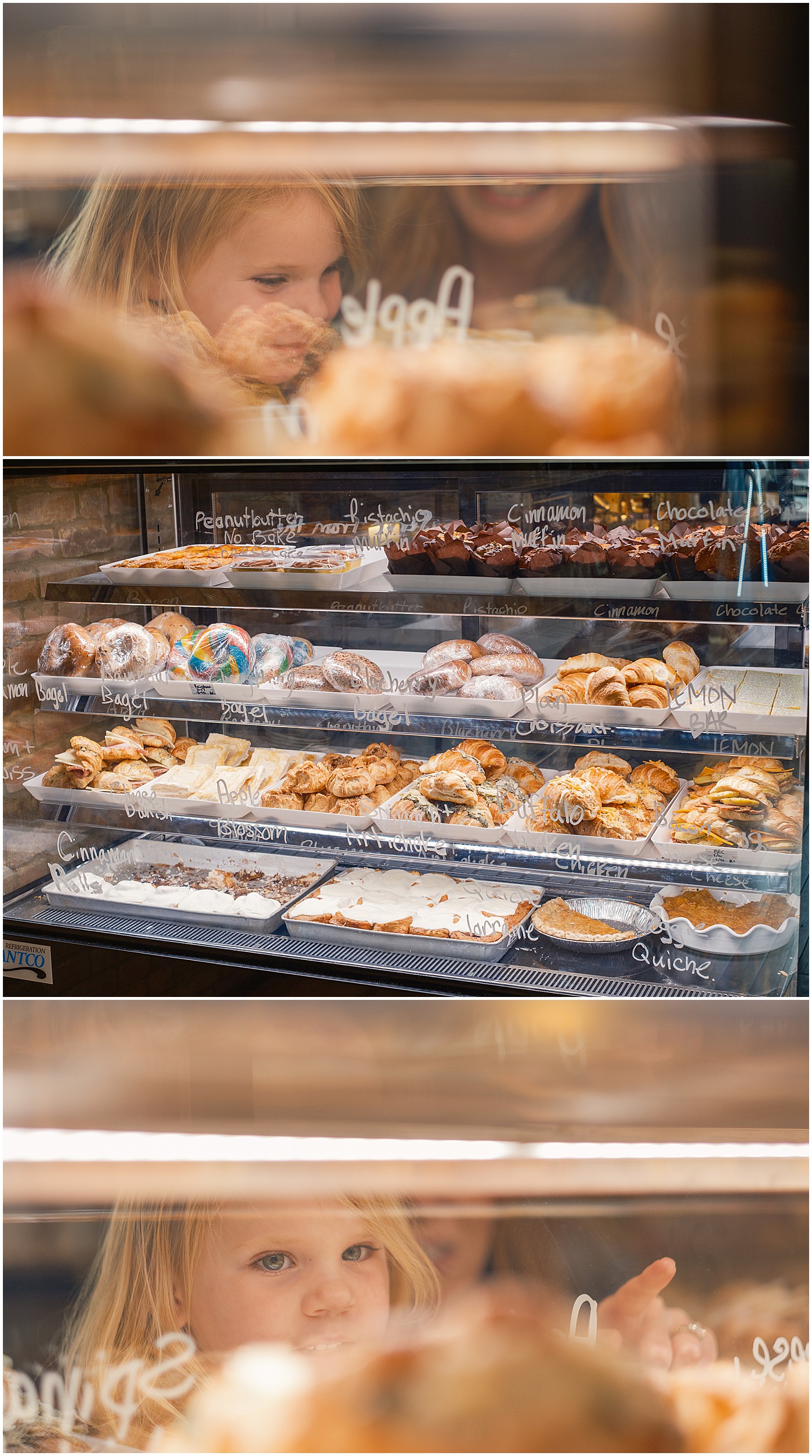 little girl looking into coffee shop bakery case
