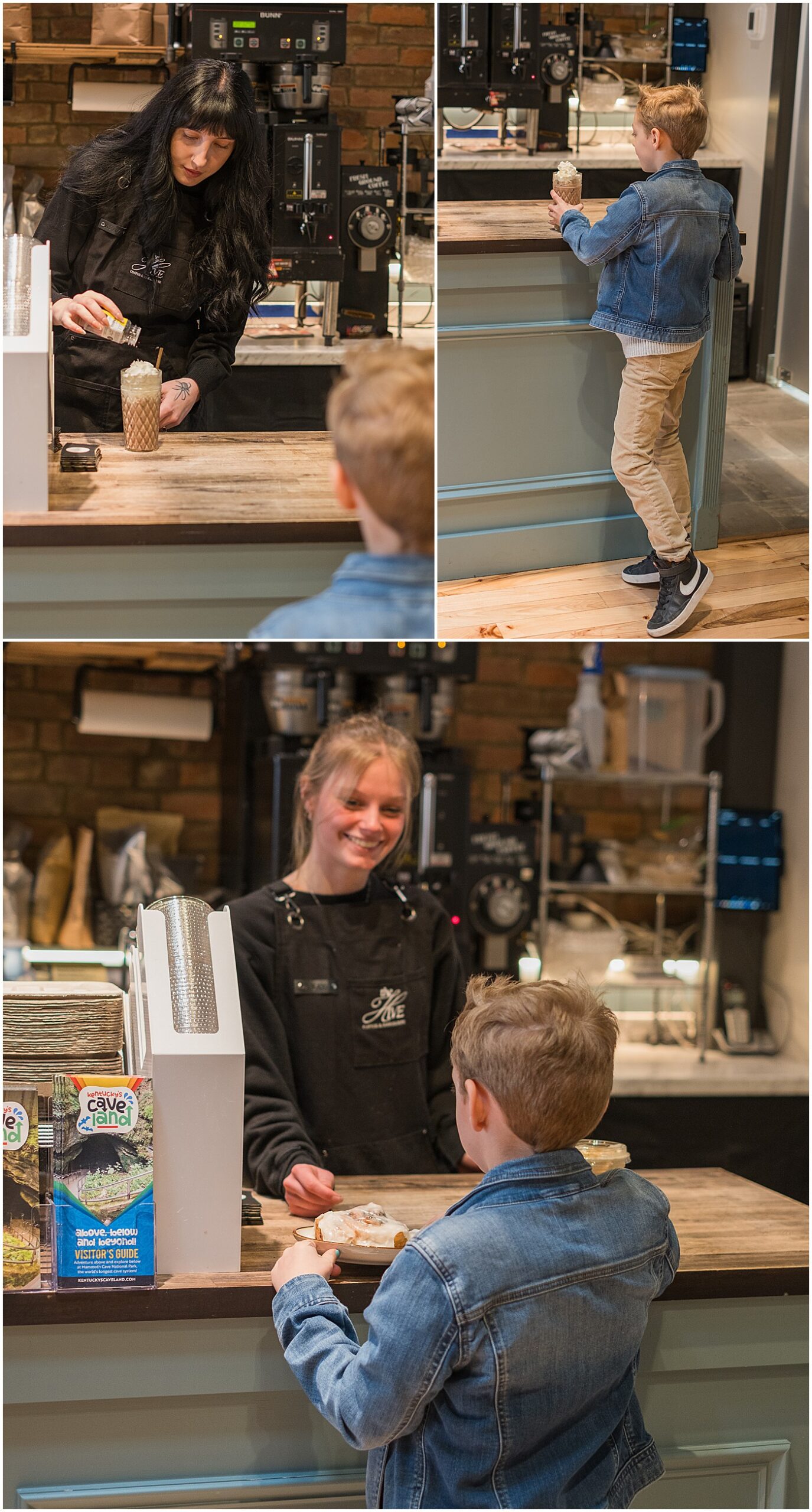 worker handing order to young customer